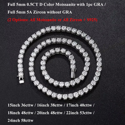 EWYA 本物 2-5mm フル D カラー モアサナイト テニス ネックチェーン ネックレス レディース メンズ 925 シルバー GRA 認定 パーティー ブライダル ネックレス