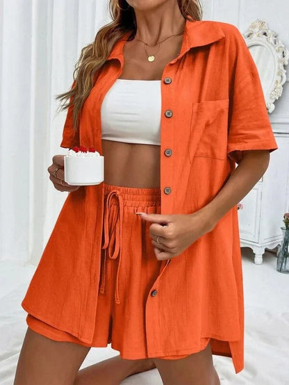 Long Sleeve Single breasted Top Broad legged Shorts Set Fashion Ladies Sexy Solid Suits 2024 Summer 2 Piece Outfits For Women