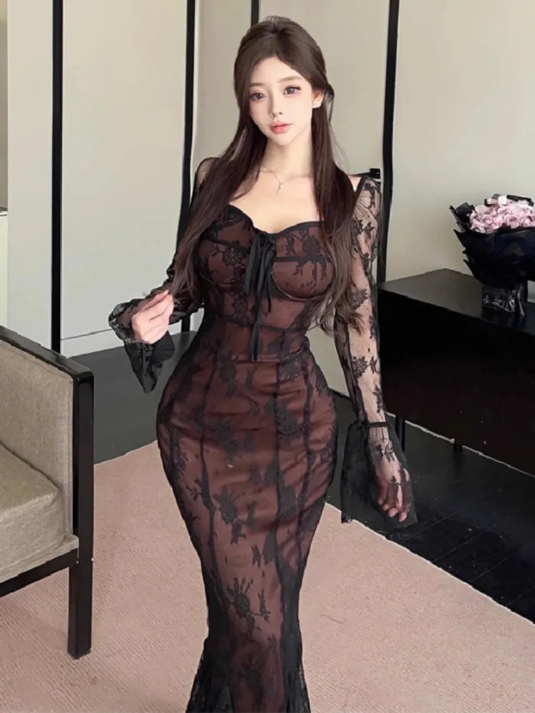 Ezgaga Party Dresses Women Vintage Sexy Lace Patchwork Flare Long Sleeve Bandage Backless Slim Elegant Mermaid Dress Female