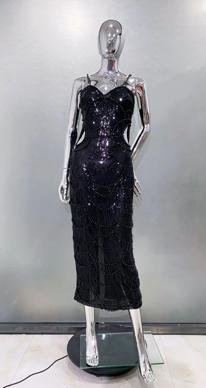 Deluxe Exquisite Sequin Beaded Sexy Hollow Suspender Dress Celebrity Birthday Party Dinner Dress Sweet Date Prom Dress