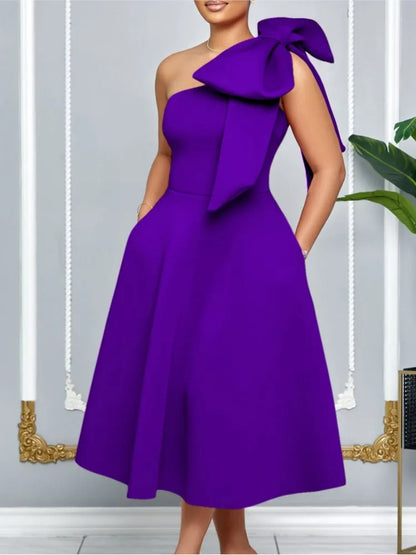 French One Shoulder A Line Pleated Birthday Party Dresses Women Bow Sleeveless Belt Large Skirt Elegant Women's Party Dress