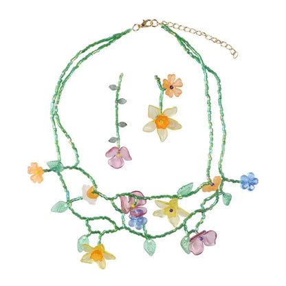 Handmade Resin Flower Necklace Sweet Korean Style Minority Design Asymmetric Earrings Alloy Tassel Beaded Dangle Earring Women
