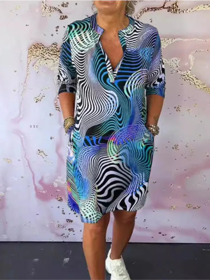 Elegant Printed V-neck Mid-sleeve Dress For Women New Summer Fahsion Casual Loose Office Holiday Party Dresses Women Clothe