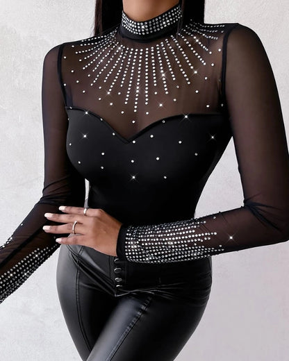 Sexy Bodysuit Women Summer 2024 Fashion Mock Neck Long Sleeve Rhinestone Decor Sheer Mesh Patch Bodysuits Casual Skinny Top