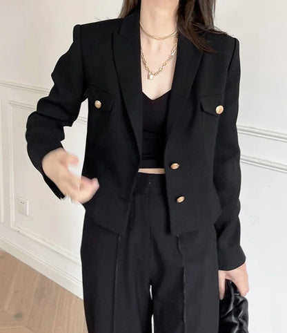 Zoki Casual Black Blazer Coats Women Fashion Slim Long Sleeve Elegant Short Jackets Fall Korean Double Buttons Office Lady Tops