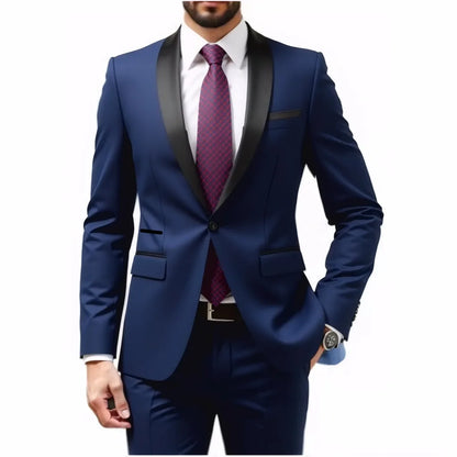 A Two-piece Suit for Men with A Green Collar, A Wedding Suit for The Groom, A Fitted Black Best Man's Suit, and A Wedding Dress