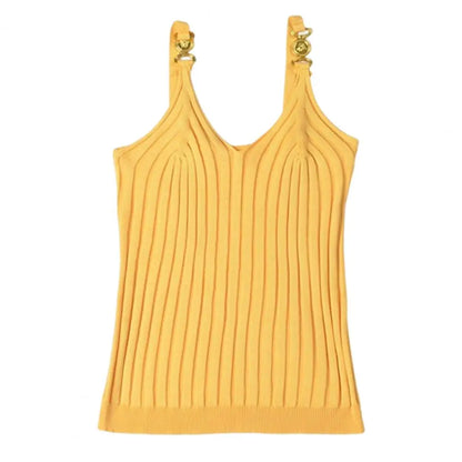 Women's Vest Solid Color Metal V Neck Backless Sleeveless Daily Wear Slim Striped Women's Summer Vest Women's Camisole Tops