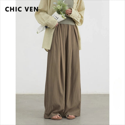 CHIC VEN 新作レディースパンツ 無地 伸縮性ウエスト ゆったり ハイウエスト カジュアル 女性用 トラウザー ワイドレッグ スポーツパンツ 2025年春夏