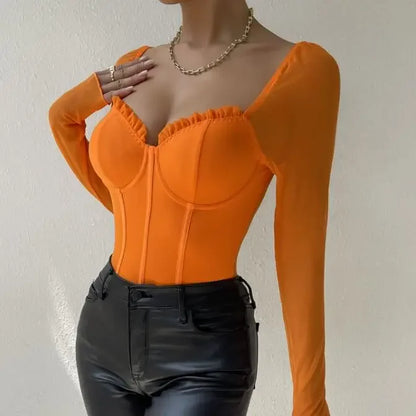 Women Sexy Mesh V Neck Slim Bodysuit Chic Long Sleeve Fashion Elastic Bodycone Jumpsuits Spring Autumn Hotsweet Gothic Playsuits