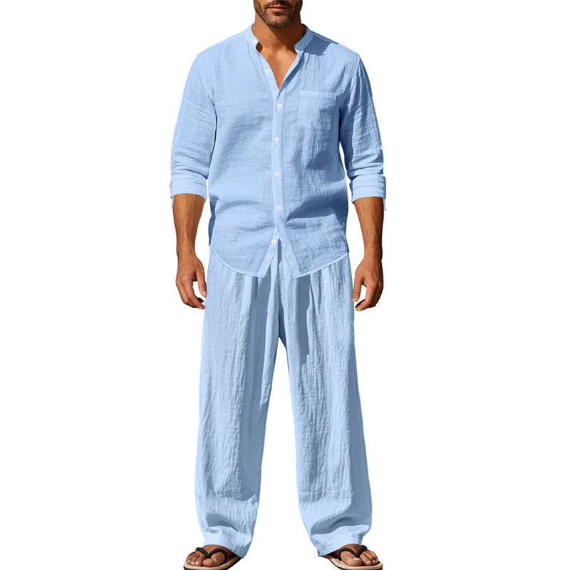 2025 New Spring and Summer Men's Suit Linen Casual Loose Breathable Long Sleeves Shirt Trousers 2Set of Beach Vacation Essential