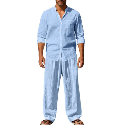 2025 New Spring and Summer Men's Suit Linen Casual Loose Breathable Long Sleeves Shirt Trousers 2Set of Beach Vacation Essential