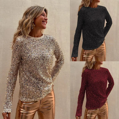 Women Sequins T-shirts Luxury Tops Spring Autumn Vintage Clothes Y2k Slim Long Sleeve Tops Female Clothing Steetwear