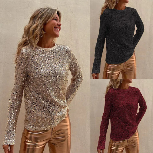 Women Sequins T-shirts Luxury Tops Spring Autumn Vintage Clothes Y2k Slim Long Sleeve Tops Female Clothing Steetwear