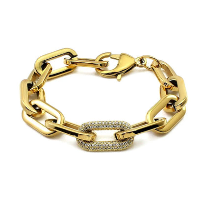 Fashion Women Big Chunky Bracelets Chains with Blink Rhinestones Link Gold Silver Color Surgical Stainless Steel Bracelets
