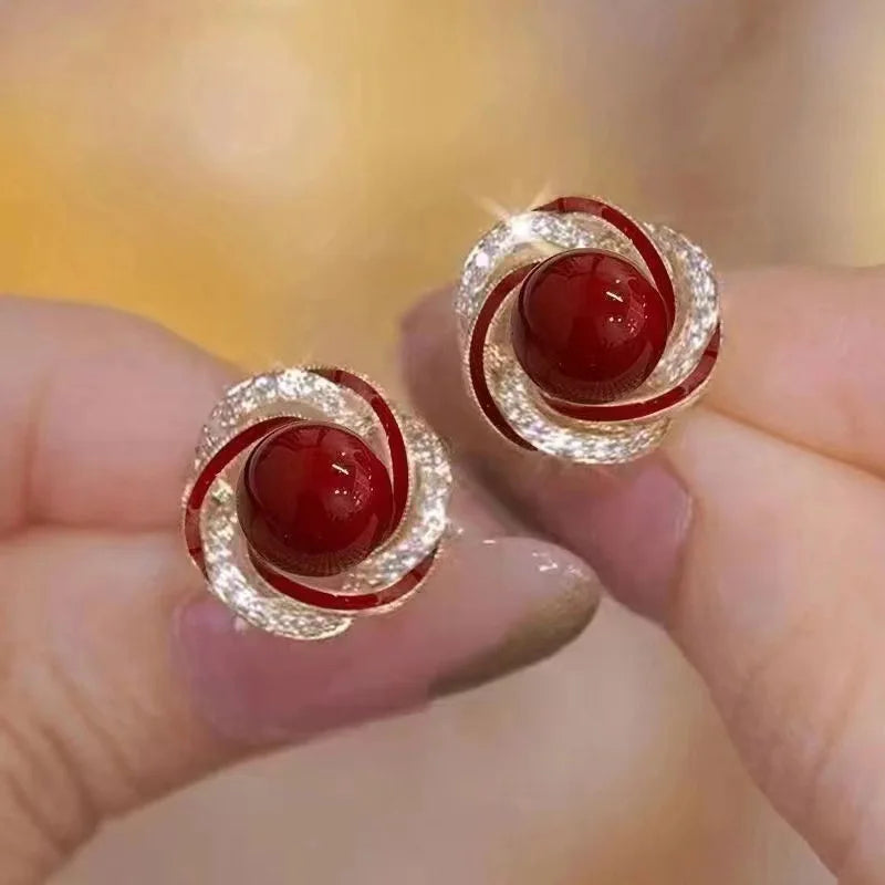 925 Silver Needle Korean Fashion Crystal Pearl Earrings For Women Jewelry 2025 Trending French Red Green White Flower Earrings