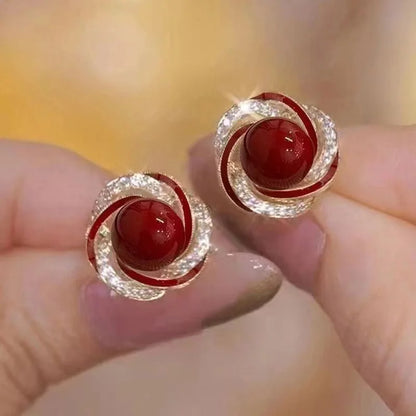 925 Silver Needle Korean Fashion Crystal Pearl Earrings For Women Jewelry 2025 Trending French Red Green White Flower Earrings