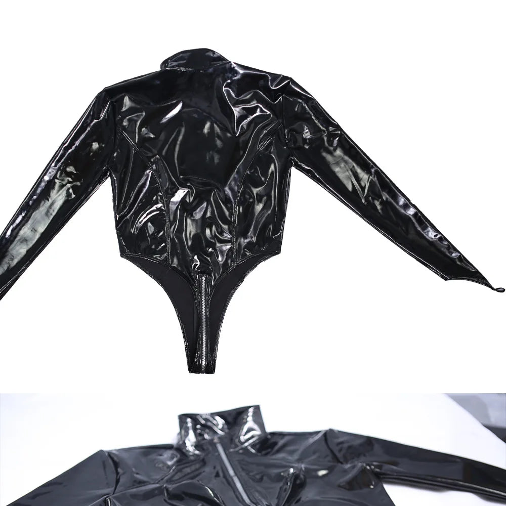 Shiny Faux PU Leather Zipper Open Crotch Bodysuit Wet Look PVC Catsuit Tight Sexy Body Teddies High Cut Swimsuit Leotard Unitard