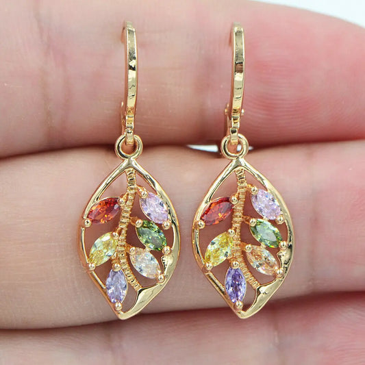 Fashionable Golden Leaf Inlaid Colored Zircon Earrings for Women, Exquisite Jewelry, Valentine's Day Gift