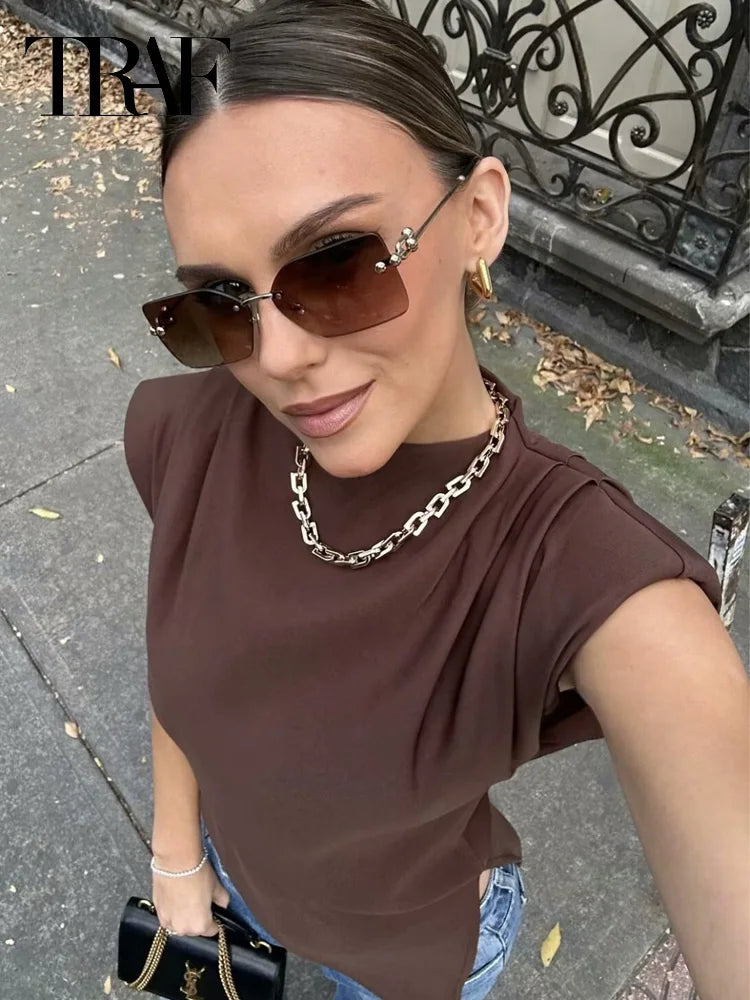 TRAF 2025 Women Top Ruffled Asymmetric Tops For Women Tanks & Camis Ruched Sleeveless Tops Vest Burgundy Brown Black Tank Tops