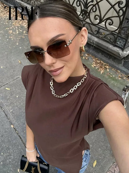 TRAF 2025 Women Top Ruffled Asymmetric Tops For Women Tanks & Camis Ruched Sleeveless Tops Vest Burgundy Brown Black Tank Tops