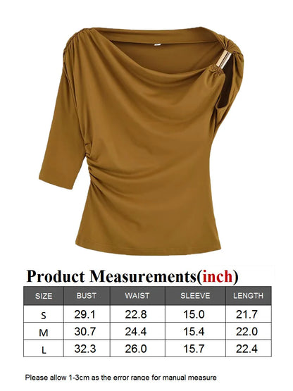TRAF GAL 2025 Summer Thin Women Tees Short Sleeve Metal Detail Ruched Elastic Slim Asymmetric T-Shirt Female Crop Top Y2K