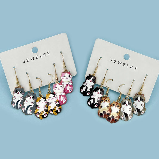 3Pairs/Set New Fun and Cute Enamel Alloy Cat Dangle Earrings Cartoon Style Colored Cat Ear Jewelry Set Gift For Women Girls