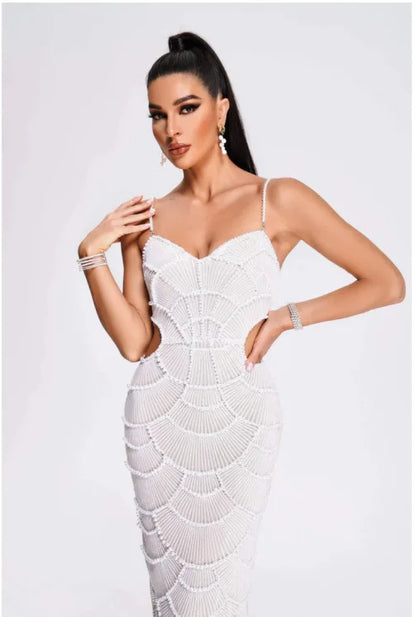 Deluxe Exquisite Sequin Beaded Sexy Hollow Suspender Dress Celebrity Birthday Party Dinner Dress Sweet Date Prom Dress