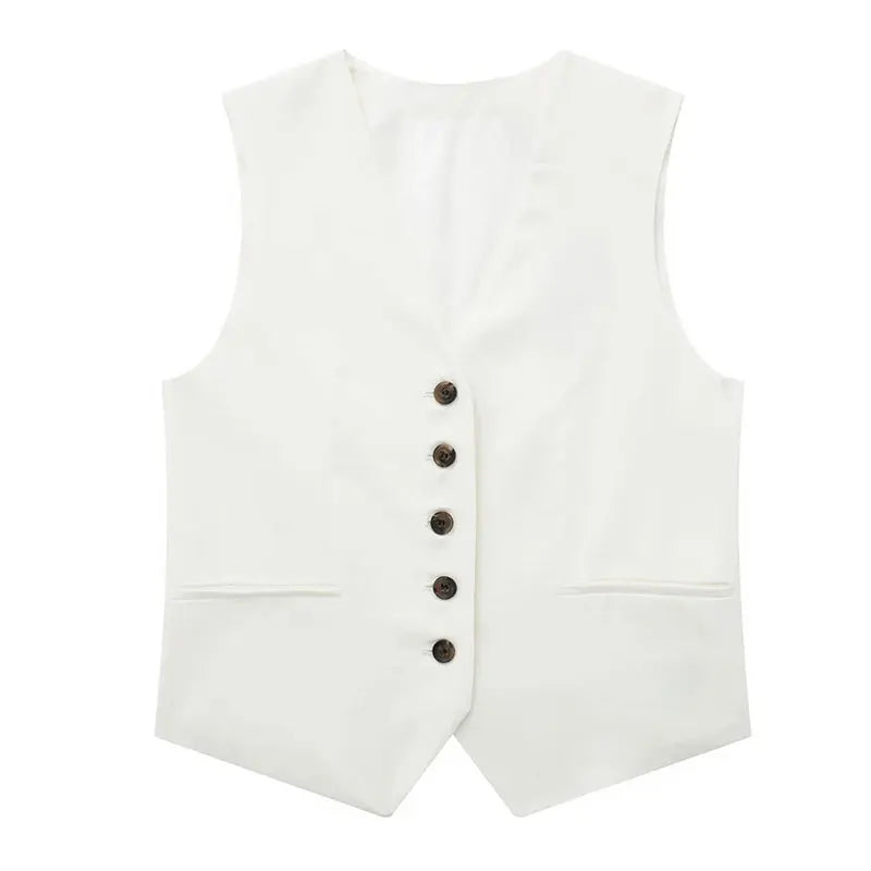 TRAFZA Women's Fashion Solid Linen Waistcoat Top V Neck Button Loose Casual Vest Summer Woman Streetwear Chic Vests Waistcoat
