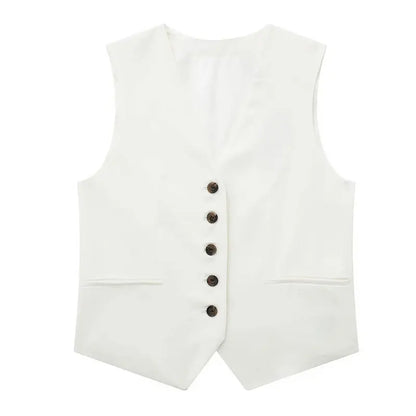 TRAFZA Women's Fashion Solid Linen Waistcoat Top V Neck Button Loose Casual Vest Summer Woman Streetwear Chic Vests Waistcoat