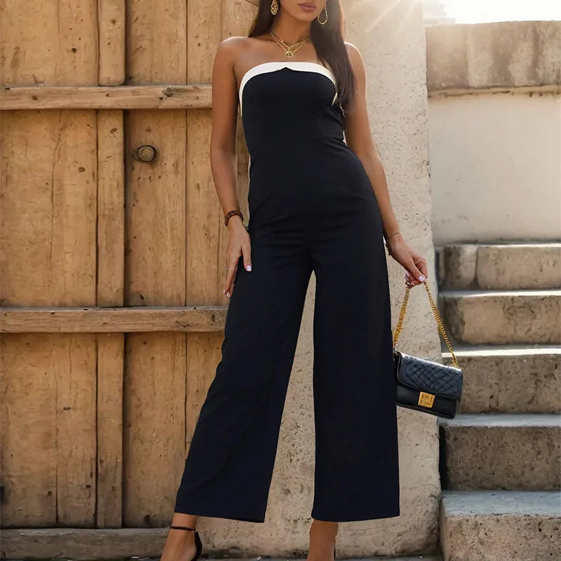Women's Elegant Sleeveless Jumpsuits Summer High Waist Wide Leg Rompers Fashion Black White Splice Off Shoulder Party Playsuits