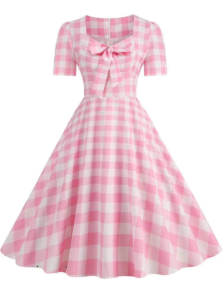 Green Plaid Swing Party Dresses Women Elegant Vintage Square Collar Short Sleeve Casual Summer Dress
