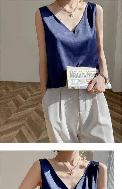 Acetate satin Camisole Women's V-neck Silk Satin vest Top elegant wild Avocado Green white black tank Women Crop Tops