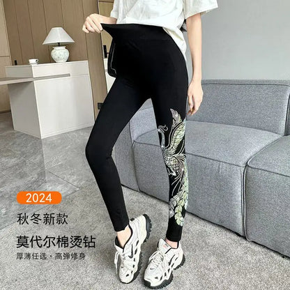 春秋モダールレギンス レディース ラインストーン付き伸縮性エンボス加工 龍と鳳凰 ハイウエスト スリム クロップドパンツ