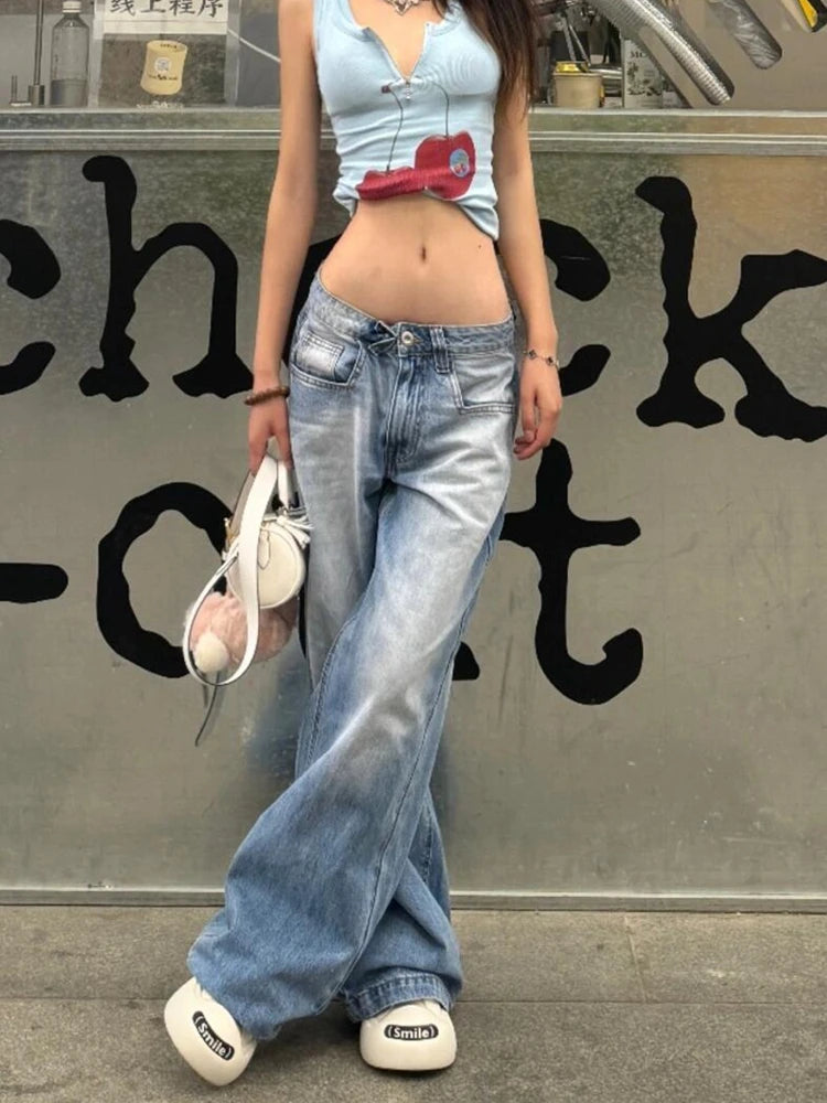 レディース アメリカンヴィンテージ Y2K 日本原宿 ストリートウェア バギー ローライズ デニムパンツ ロングトラウザー 2000年代 エステティック ジーンズ Kpop パンク