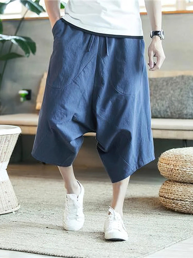 夏用薄手ビーチコットンリネンカジュアルショーツ メンズ ジャパニーズワイドレッグバギーカプリパンツ 男性用スポーツランニングショーツ 2025年新作