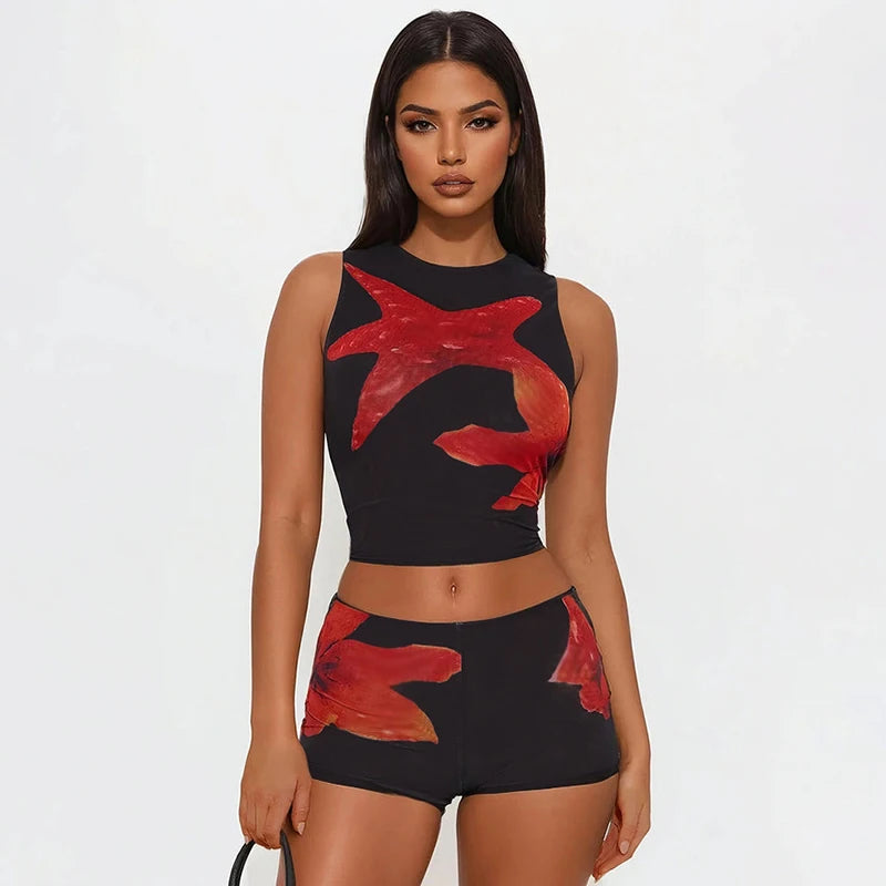 CUTENOVA Women'S Casual Street Starfish Flower Print Shorts Set Round Neck Sleeveless Crop Top + Low Waist Shorts Two-Piece Sets