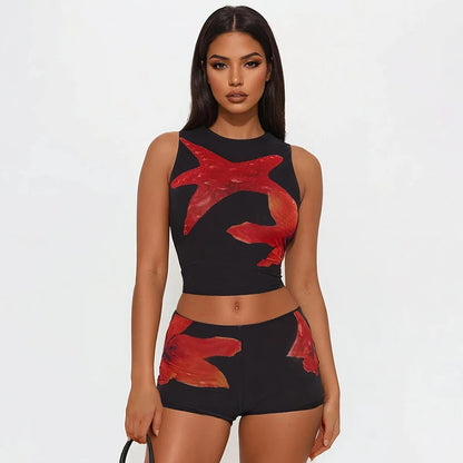 CUTENOVA Women'S Casual Street Starfish Flower Print Shorts Set Round Neck Sleeveless Crop Top + Low Waist Shorts Two-Piece Sets