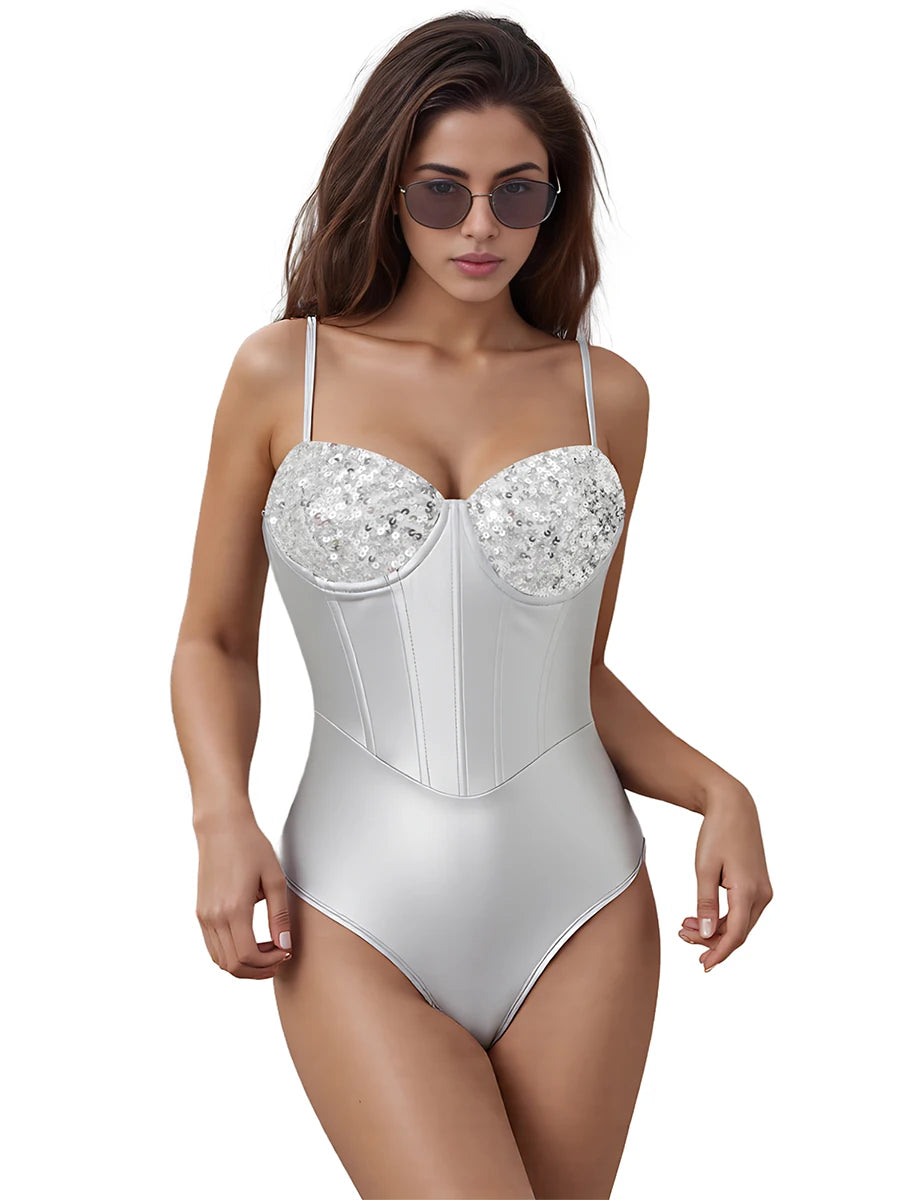 Womens Sparkly Silver Thong Bodysuit Satin Sequin jumpsuit  Adjustable Strap Going Out Night Club Party female sexy outfit