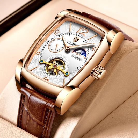 LIGE Fashion Mens Watches Top Brand Luxury Leather Military Waterproof Mechanical Wristwatch Casual Sports Tourbillon Watch Men