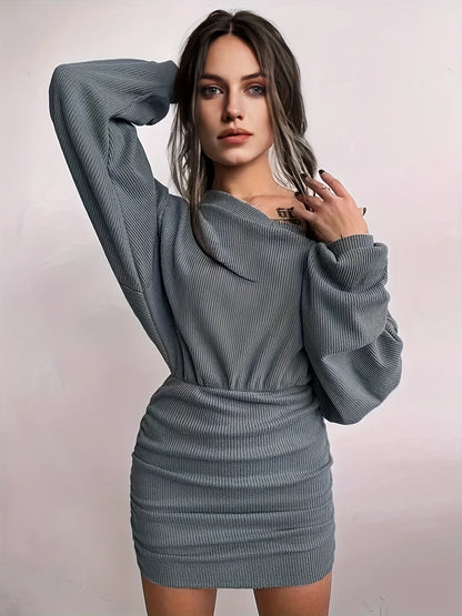 Ruched Bodycon Dress, Sexy Long Sleeve Bag Hip V Neck Mini Dress,Women's Clothing