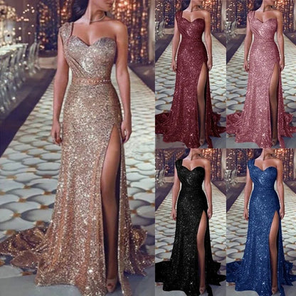 Wedding Party Dress Female Evening Elegant Sexy Deep V Neck One Shoulder Sleeveless Sequined Long Maxi Dresses For Women 2023