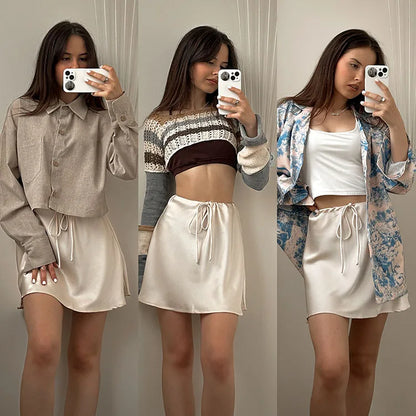 Satin Mini Skirts Women Summer Beige Silk Short Skirt For Woman Drawstring High Waist Black Satin Skirt A Line Women Short 2025