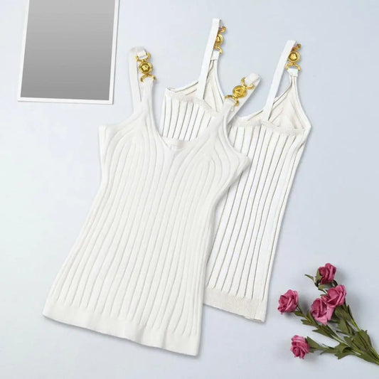 Women's Vest Solid Color Metal V Neck Backless Sleeveless Daily Wear Slim Striped Women's Summer Vest Women's Camisole Tops
