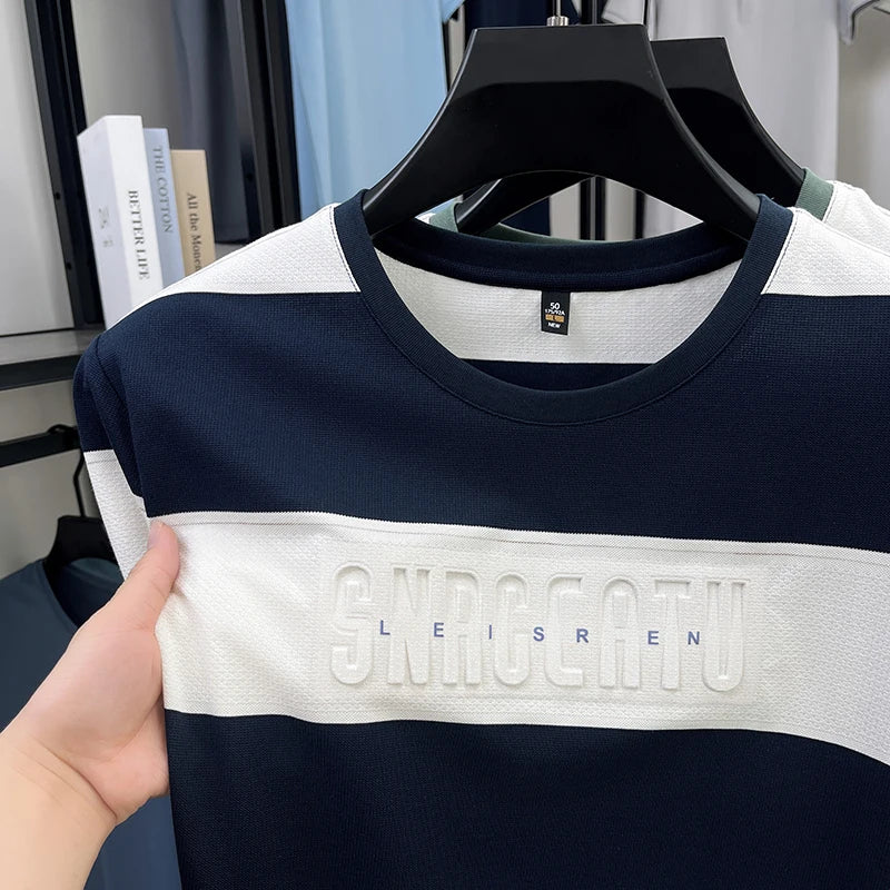 Top Grade Yarn Dyed Striped New Summer Tops Designer Round Neck Tshirt Men 2025 Brand Short Sleeve Casual Fashion Men Clothing
