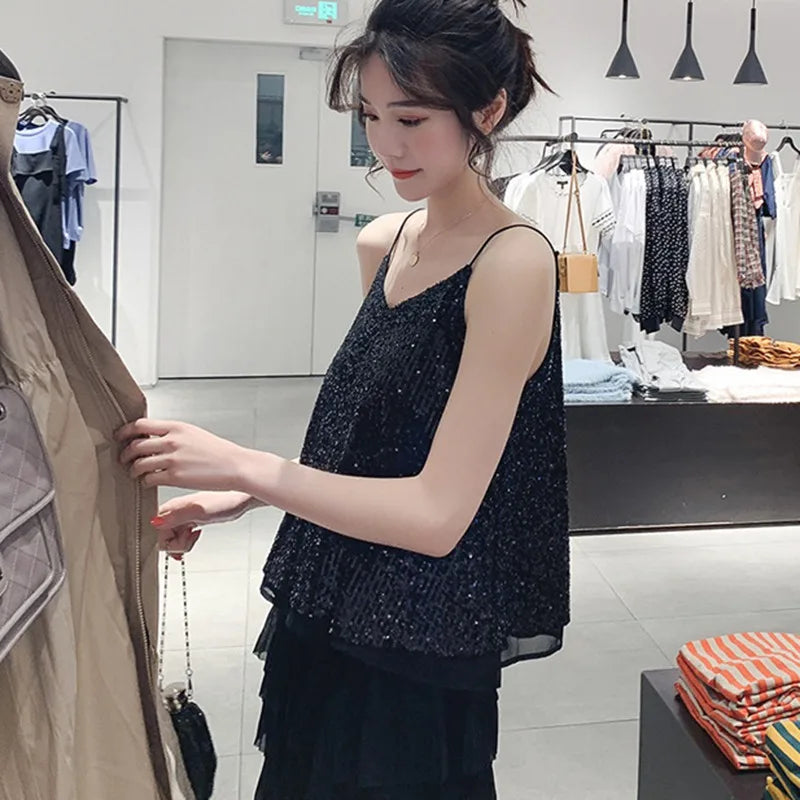 Women's Loose Casual Sequined Camisole Vest V Neck Shiny Sexy Sparkling Basic Top Fashionable Versatile Summer Top
