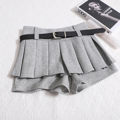 Kimotimo Womens Shorts Autumn Winter Belt High Waist Fluffy Pleated A-line Short Pants Korean Fashion Sexy Y2k All Match Clothes