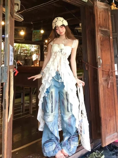 Sweet Print Slim Camisole Summer High Street Coquette Asymmetrical Tees New American Style Sexy Gyaru Halter Top Women Design