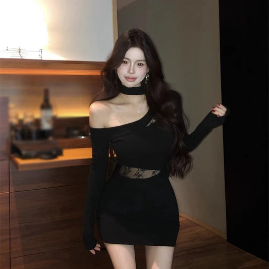 レディース スラントカラー ストラップレス アシンメトリー 長袖 ドレス 韓国風 レース切り替え セクシー ミニドレス ブラック