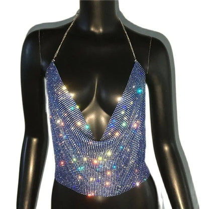 Festival Brilliant Rhinestone Backless Party Crop Top Women 2022 Summer Glitter Evening V Neck Diamonds Metal Tank Tops