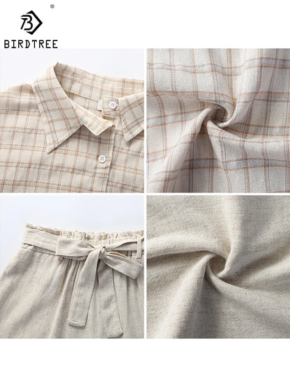 Summer Women Three Piece Sets Casual Linen Plaid Long Sleeve Tops + Elastic Waist Belt Wide Leg Shorts Vest Suits S26801J